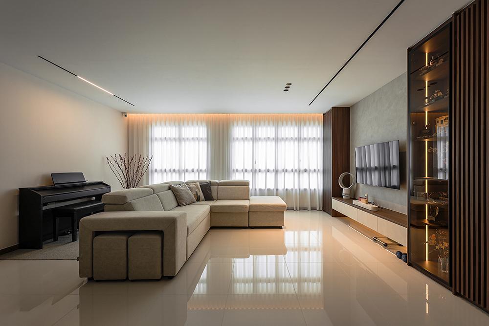 Contemporary Living Room with Homogeneous Tiles and TV Console