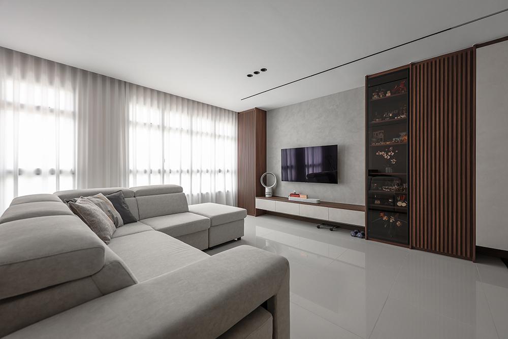 Contemporary Living Room with Homogeneous Tiles and TV Console