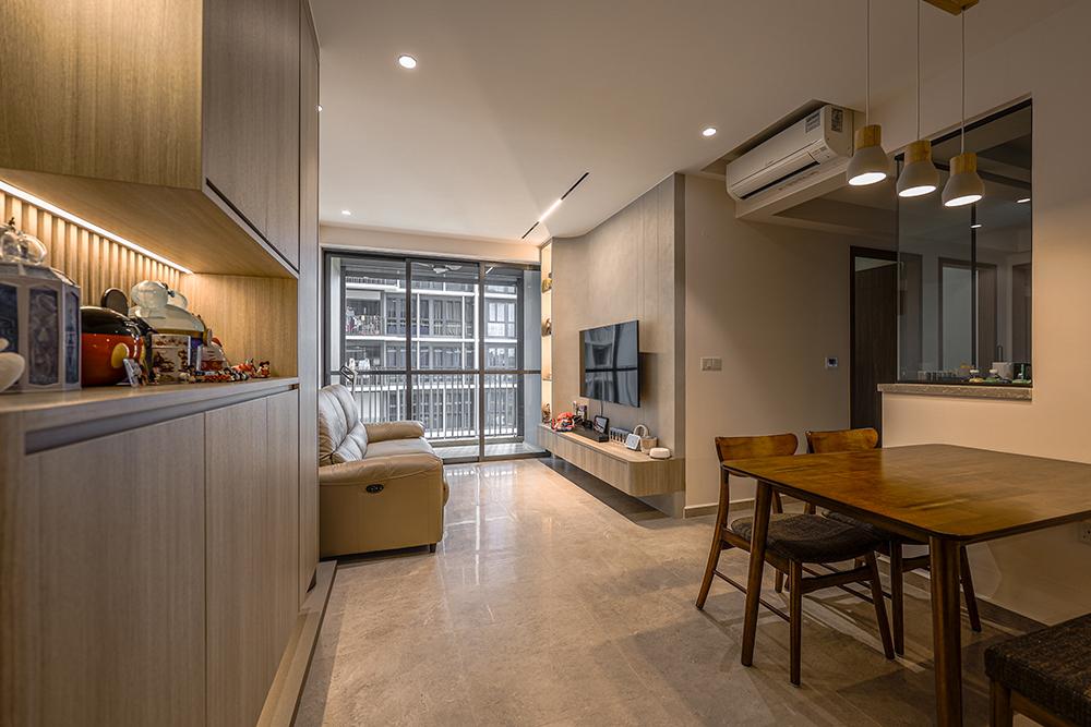 Scandinavian Living Room with TV Console and Feature Wall