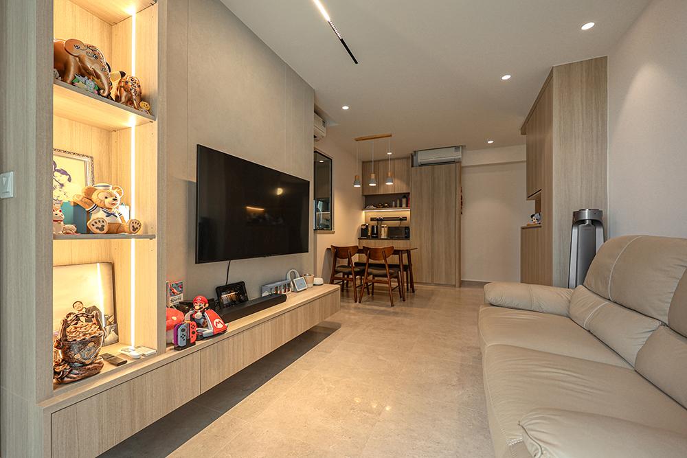 Scandinavian Living Room with TV Console and Feature Wall