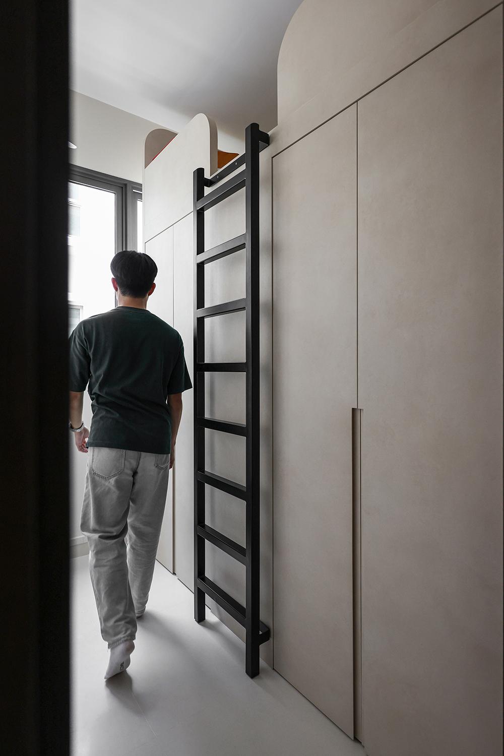 Minimalist Bedroom with Loft and Storage Cabinets