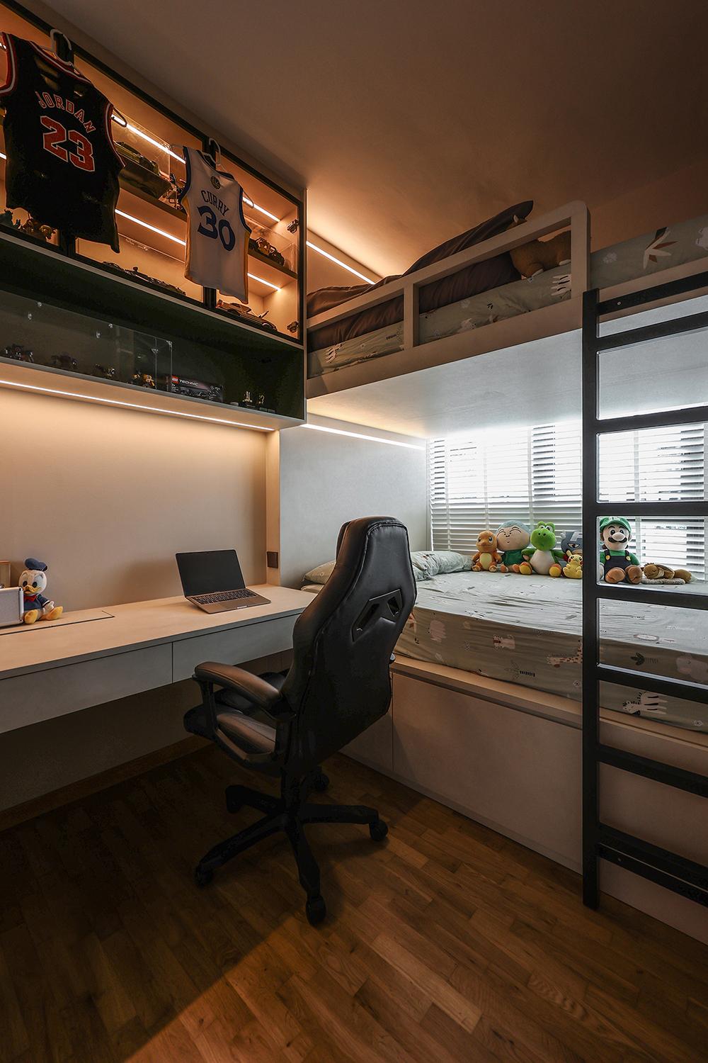 Minimalist Bedroom with Loft and Storage Cabinets