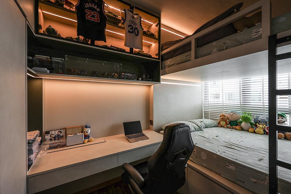 Minimalist Bedroom with Loft and Display Cabinets