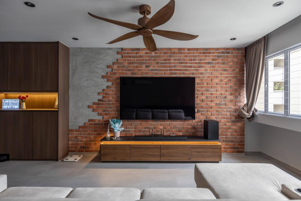 Minimalist Living Room with Homogeneous Tiles and TV Console