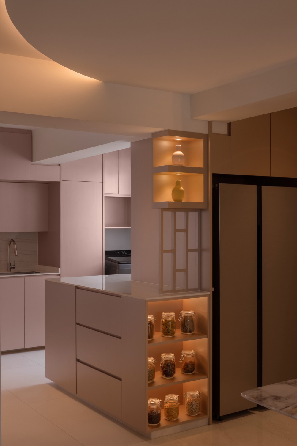 Modern Kitchen with Countertop and Display Cabinets
