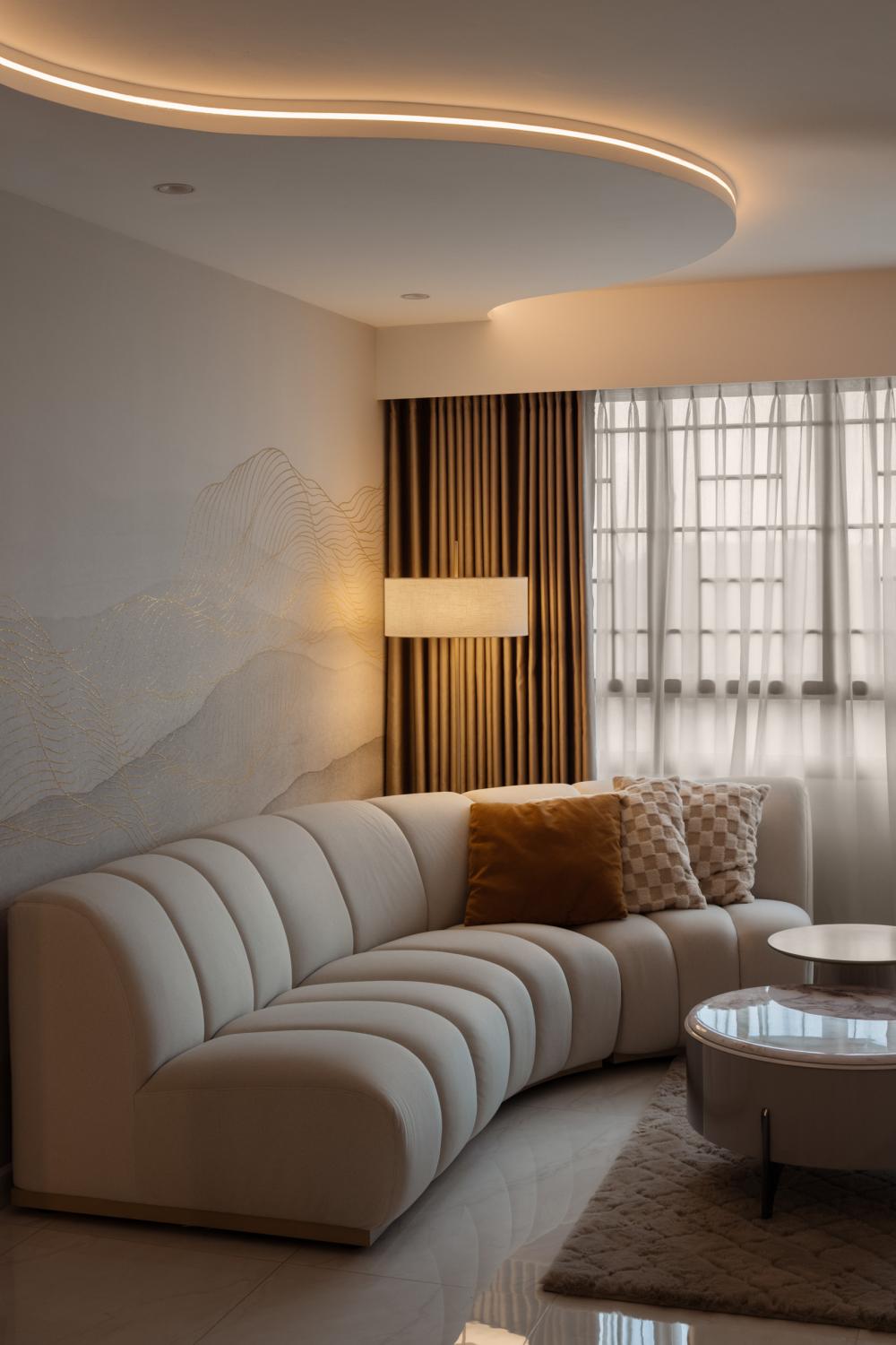 Modern Living Room with Homogeneous Tiles and Ceiling Light