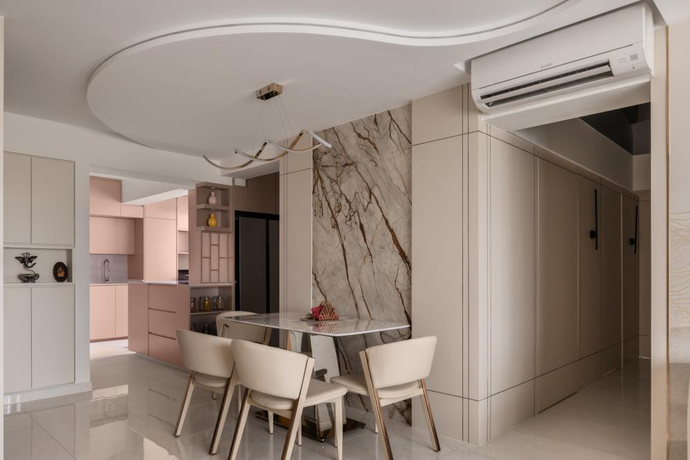 Modern Dining Room with Feature Wall and Ceiling Light