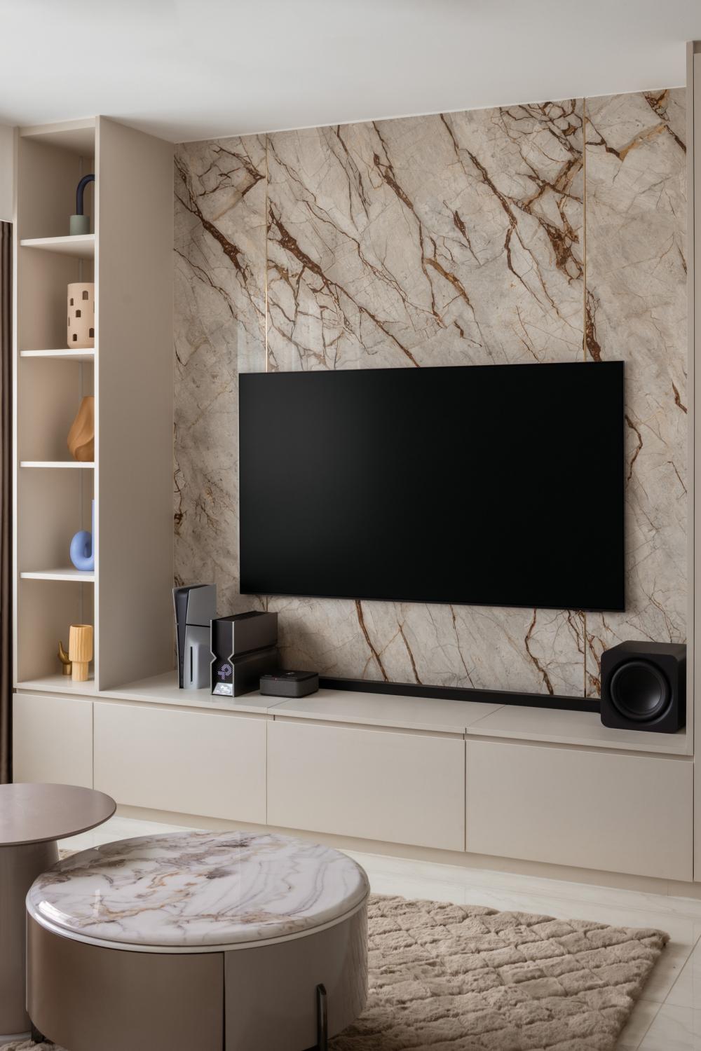 Modern Living Room with Homogeneous Tiles and TV Console