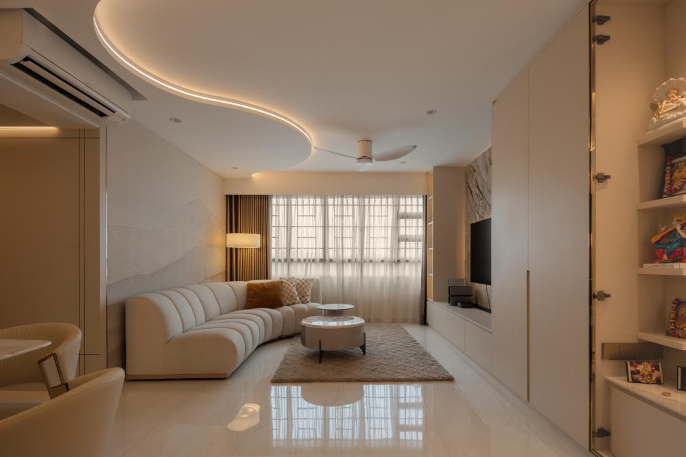 Modern Living Room with Homogeneous Tiles and Ceiling Light