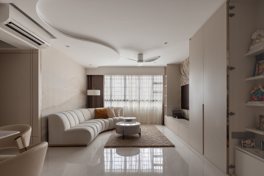 Modern Living Room with Homogeneous Tiles and Feature Wall