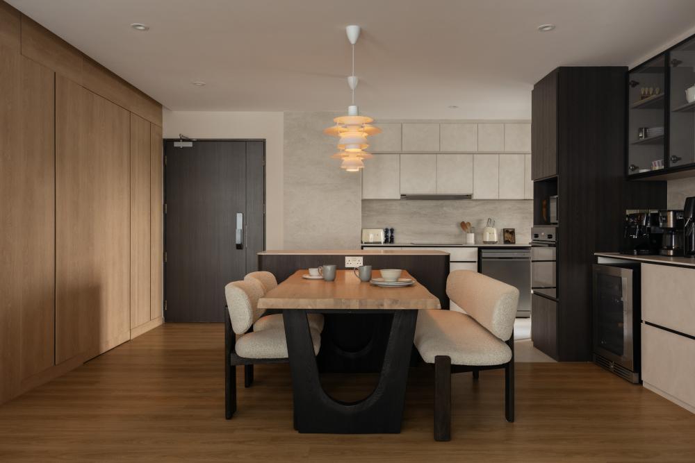 Minimalist Dining Room with Vinyl Flooring and Wood Flooring