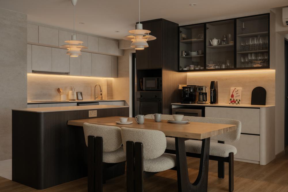 Minimalist Dining Room with Drop Light and Kitchen Island