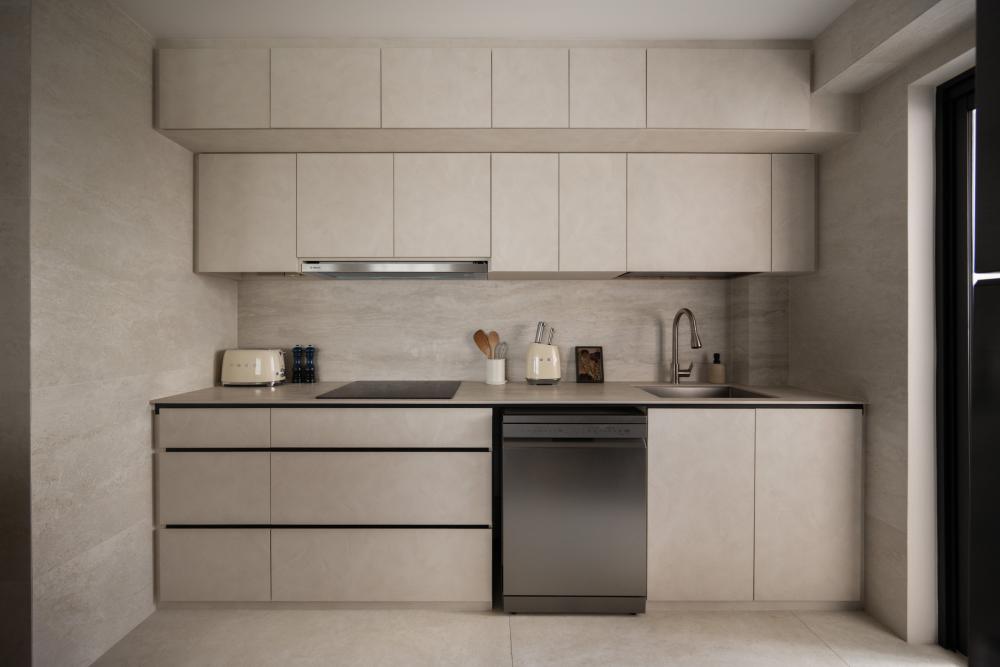 Minimalist Kitchen with Cupboard and Kitchen Backsplash
