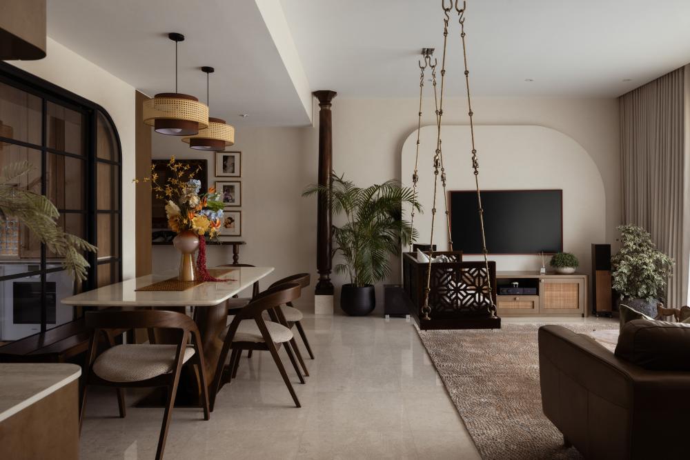 Asian Living Room with Marble Floor and TV Console