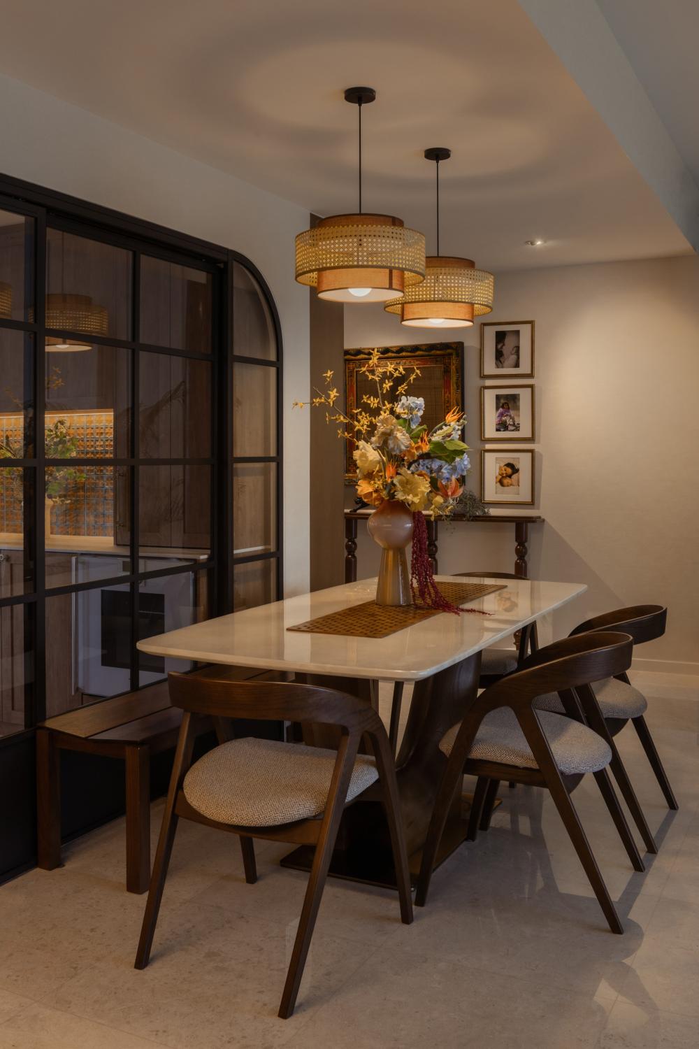 Asian Dining Room with Drop Light and Dining Table