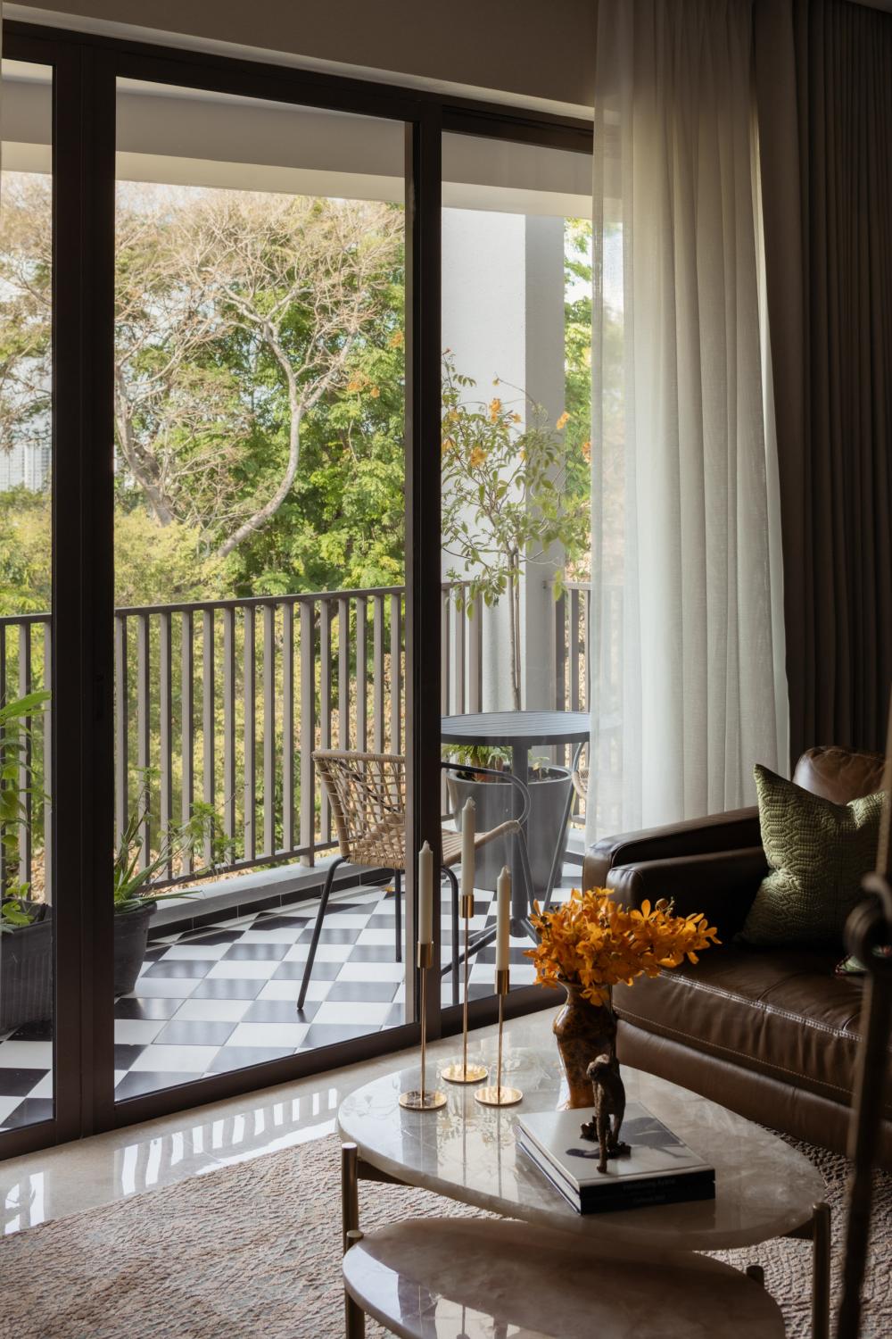 Asian Balcony with Curtain and Outdoor Table