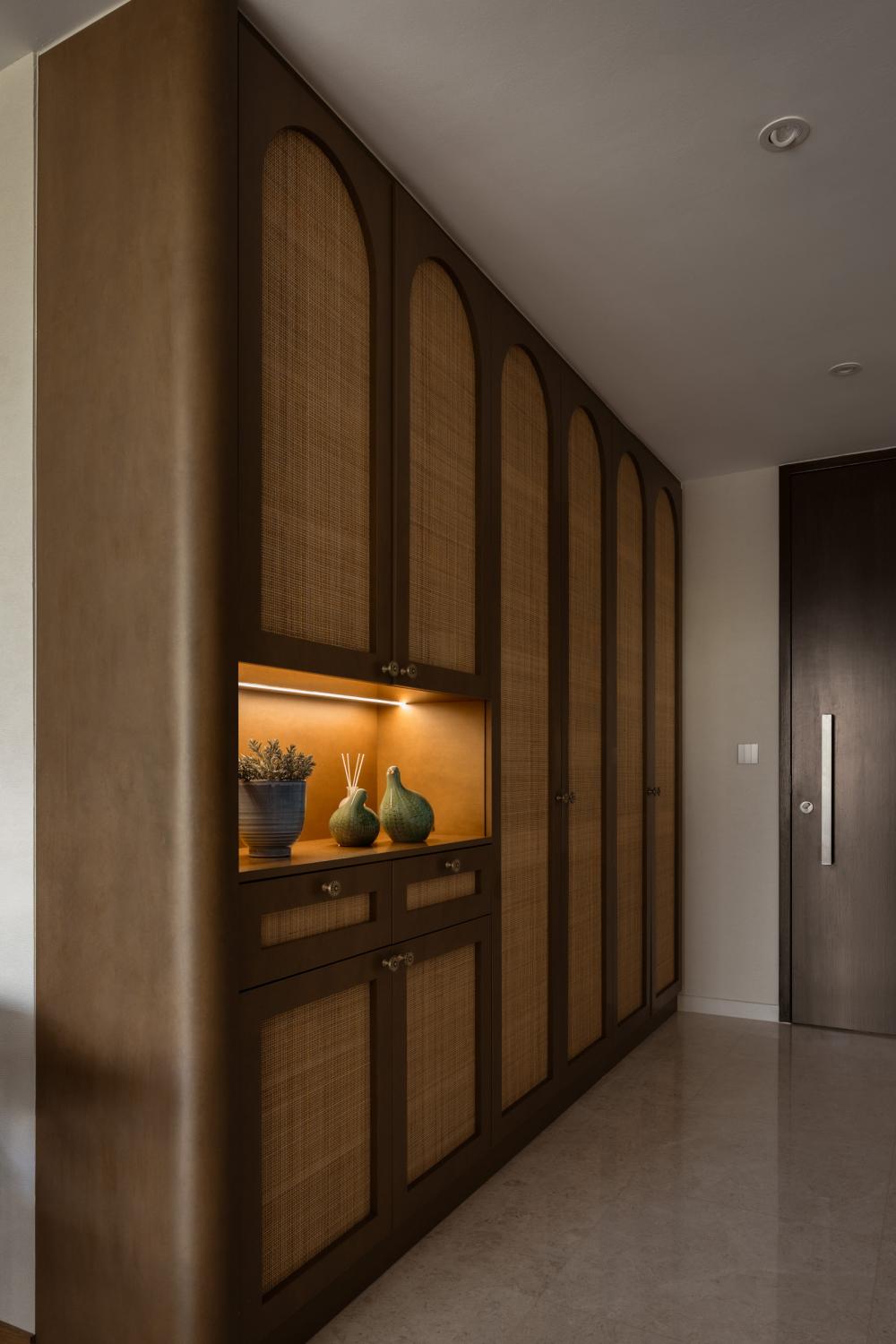 Asian Entryway with Storage Cabinets and Small Storage