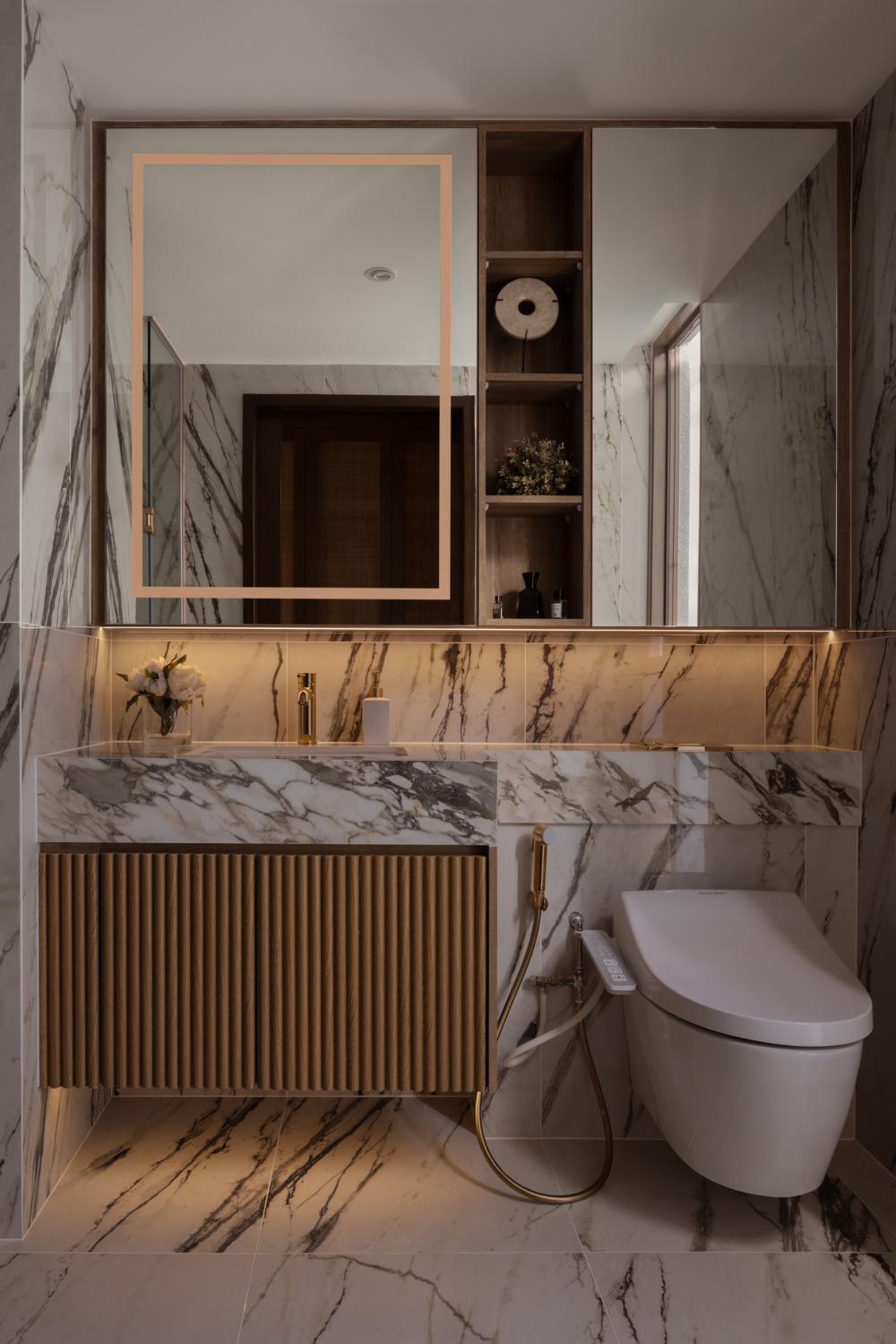 Asian Bathroom with Countertop and Mirror