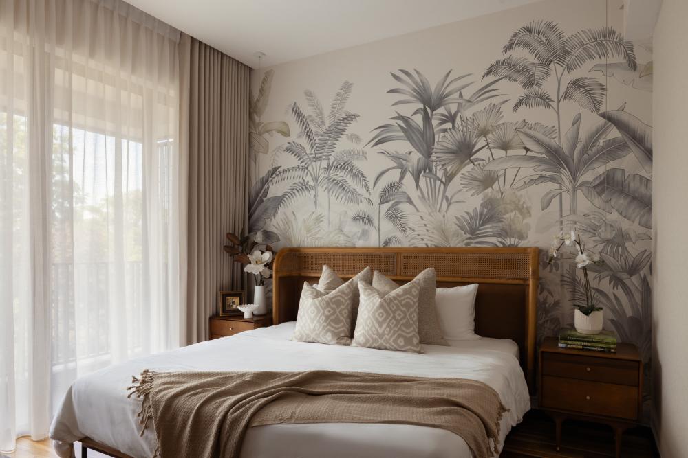 Asian Bedroom with Wallpaper and Bedside Table