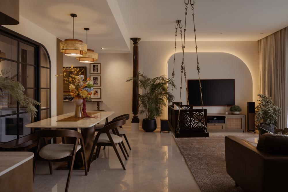 Asian Living Room with TV Console and Feature Wall