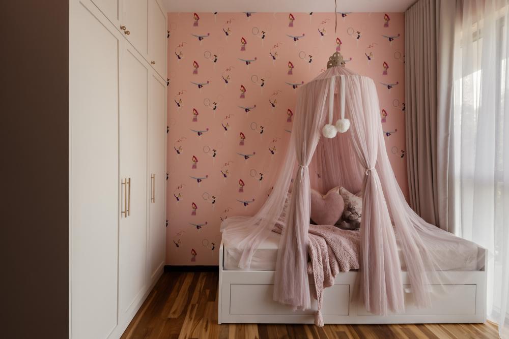 Asian Bedroom with Wood Flooring and Wardrobe