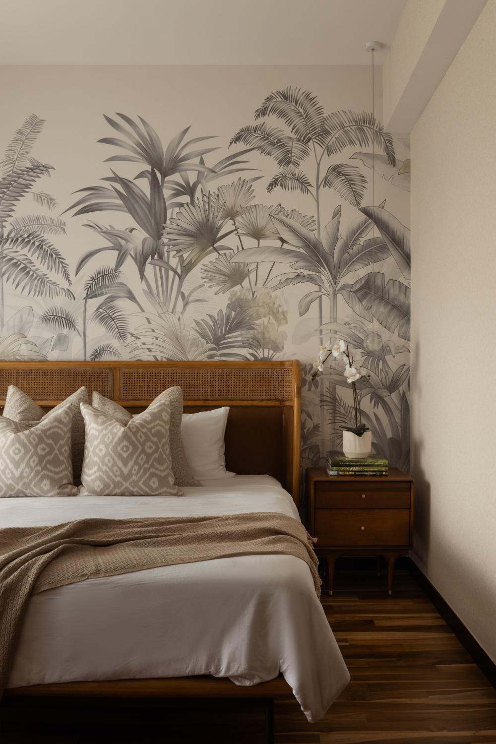Asian Bedroom with Wood Flooring and Wallpaper