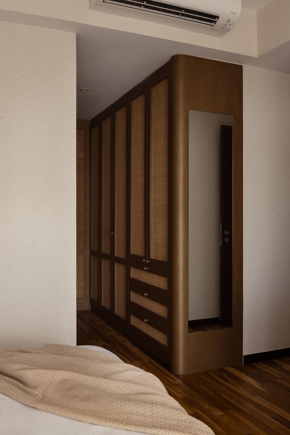 Asian Bedroom with Parquet Floor and Wood Flooring