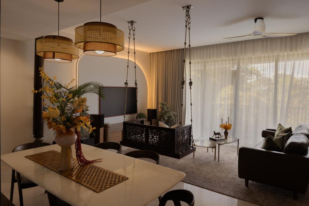 Asian Living Room with Marble Floor and Curtain