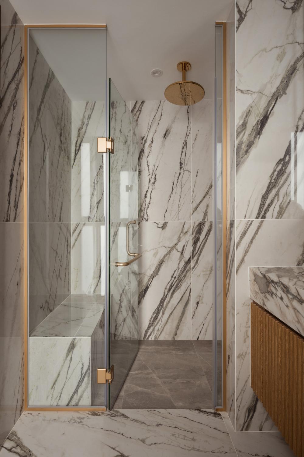 Asian Bathroom with Marble Floor and Shower Screen