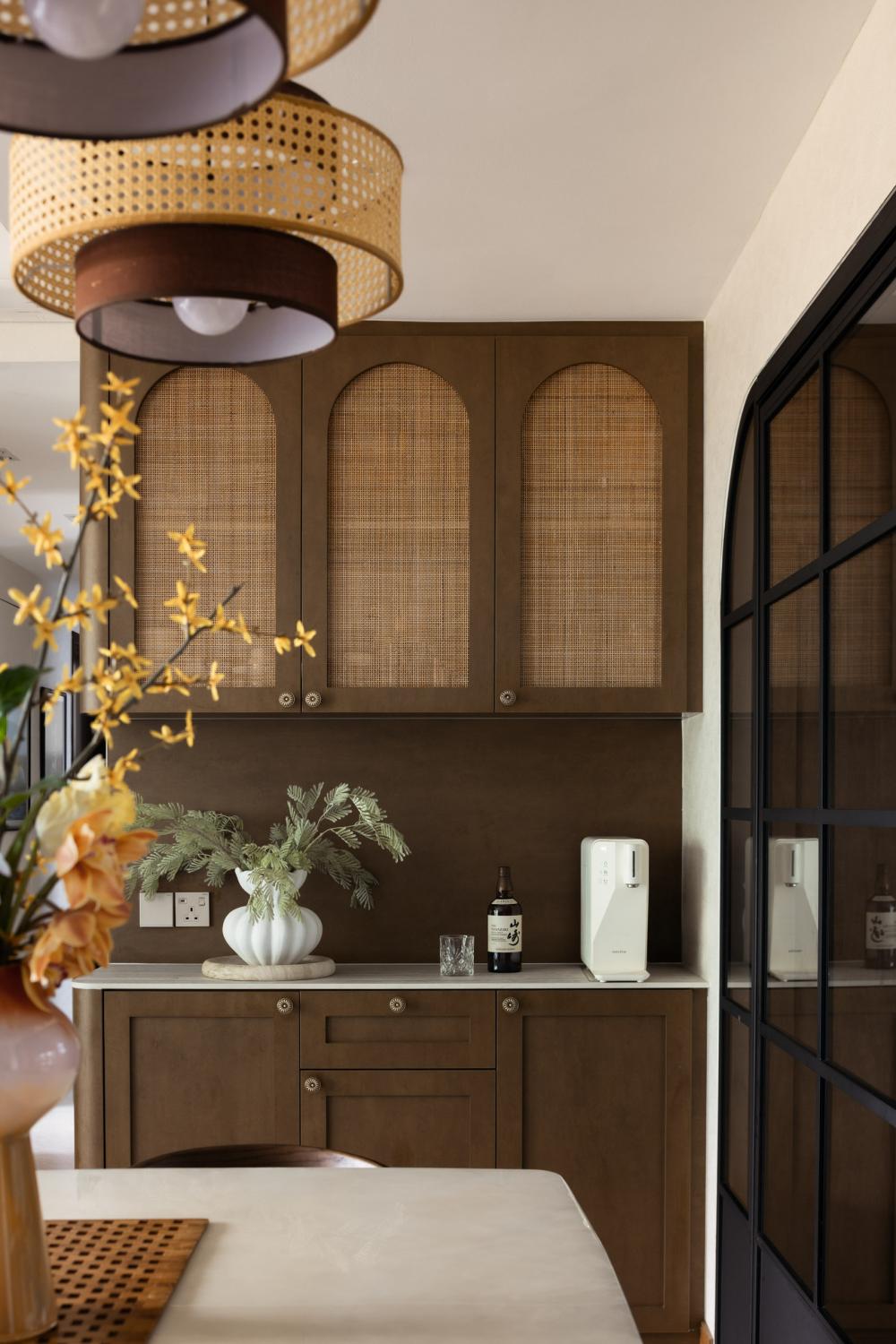 Asian Dining Room with Storage Cabinets and Open Storage