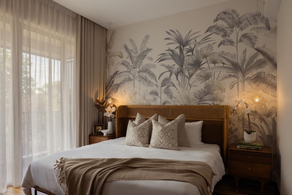 Asian Bedroom with Wood Flooring and Wallpaper