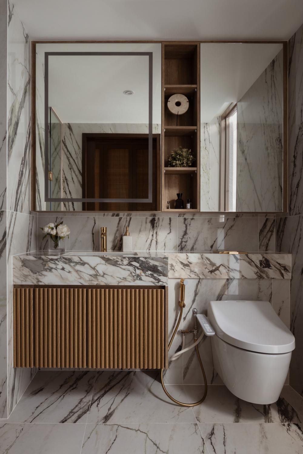 Asian Bathroom with Countertop and Mirror