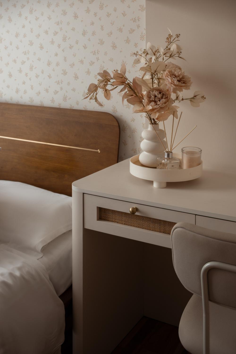 Asian Bedroom with Wallpaper and Desk