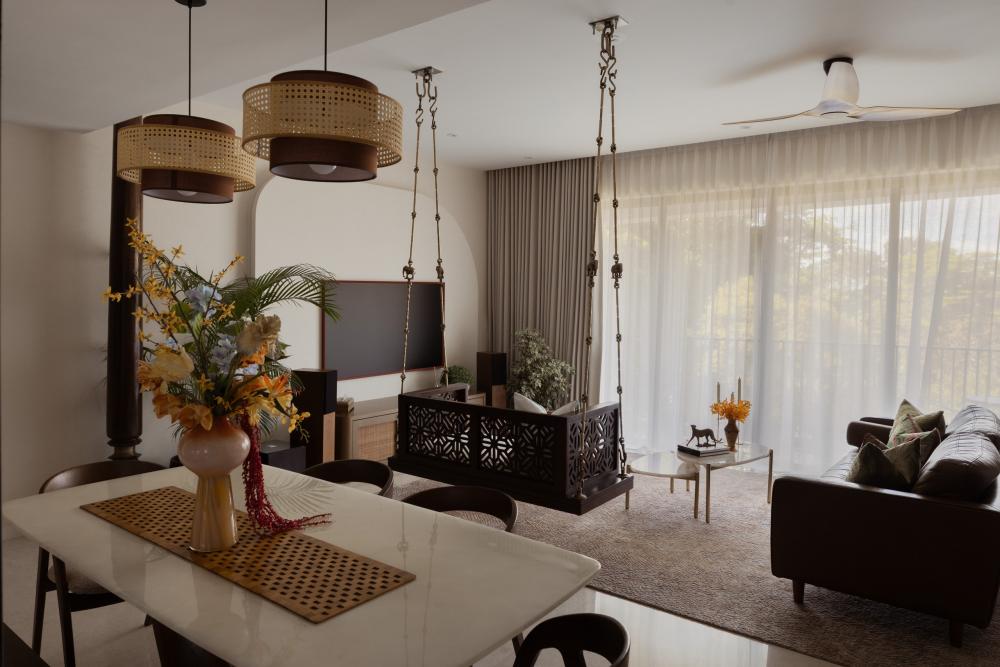 Asian Living Room with TV Console and Feature Wall