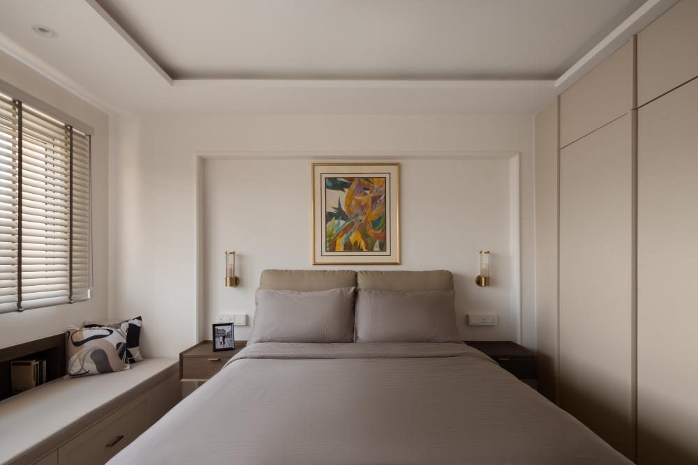 Modern Bedroom with Bay Window and Bedside Table