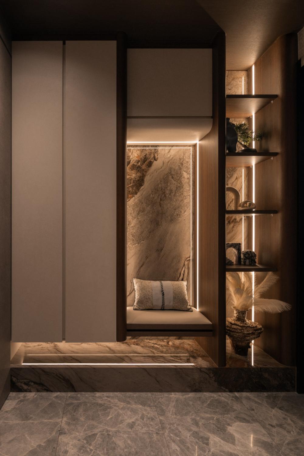 Modern Foyer with Artwork and Shoe Cabinets