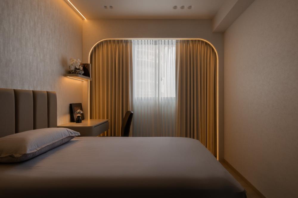 Modern Bedroom with Wood Flooring and Drop Ceiling