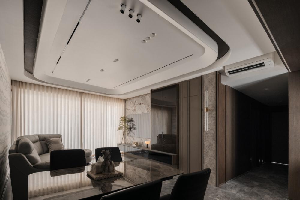 Modern Living Room with Parquet Floor and Curtain