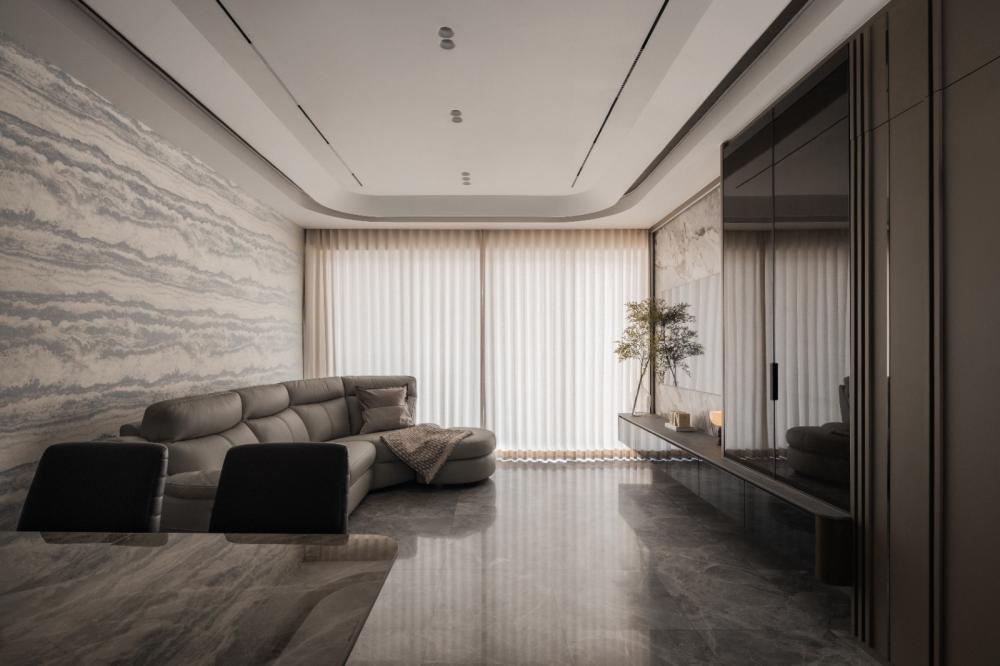 Modern Living Room with Marble Floor and Feature Wall