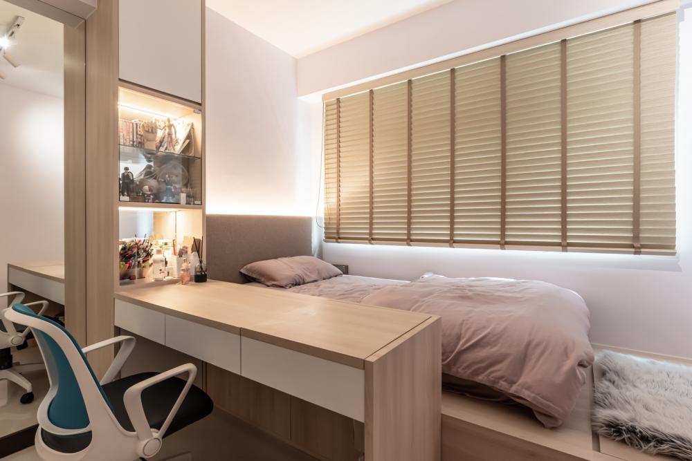 Modern Bedroom with Bookshelf and Platform Bed