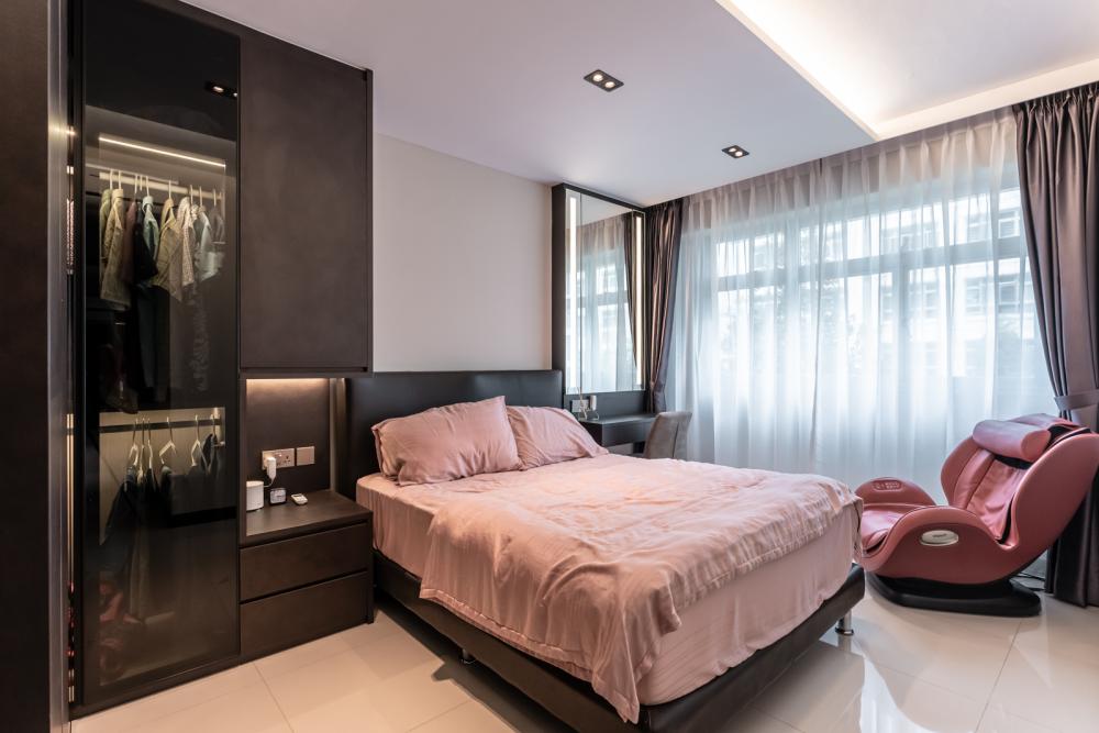 Modern Bedroom with Homogeneous Tiles and Wardrobe