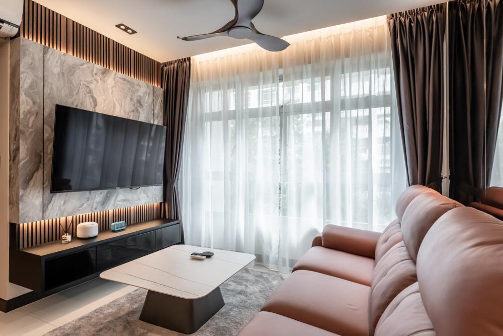 Modern Living Room with Homogeneous Tiles and TV Console