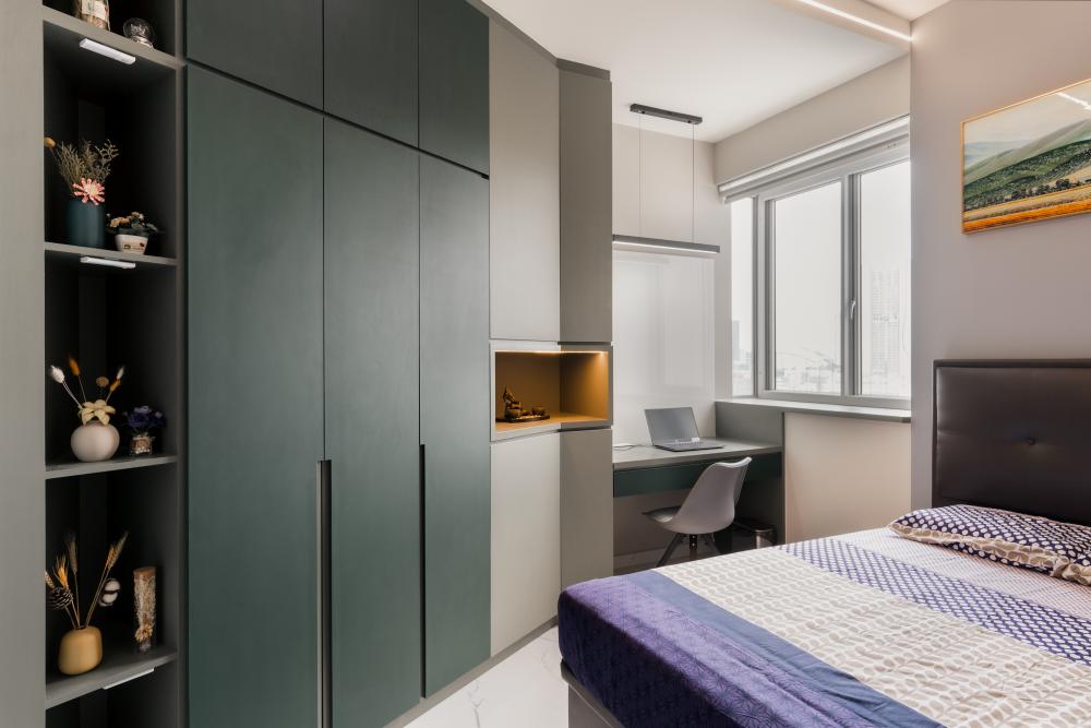 Modern Bedroom with Bookshelf and Cove Lighting