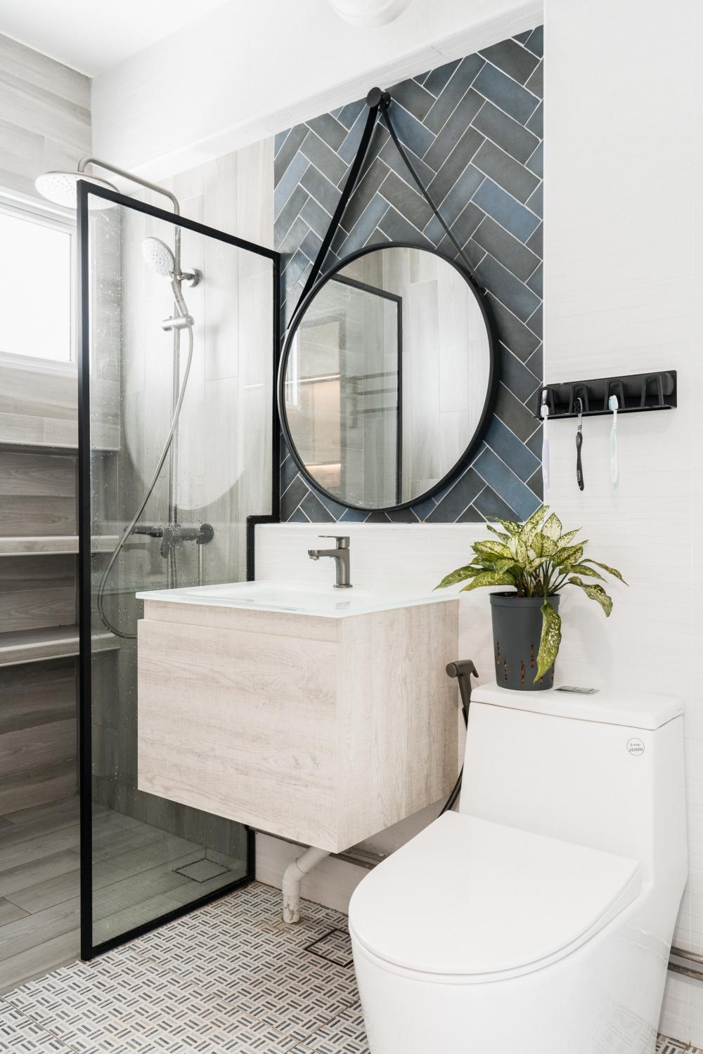 Industrial Bathroom with Herringbone Tiling and Wood Flooring