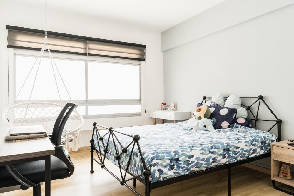 Industrial Bedroom with Vinyl Flooring and Bedside Table