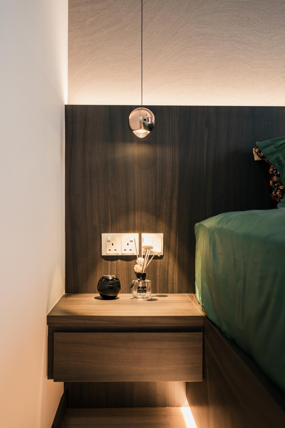 Modern Bedroom with Wood Flooring and Bedside Table