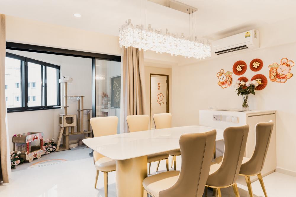 Contemporary Balcony with Chandelier and Dining Table