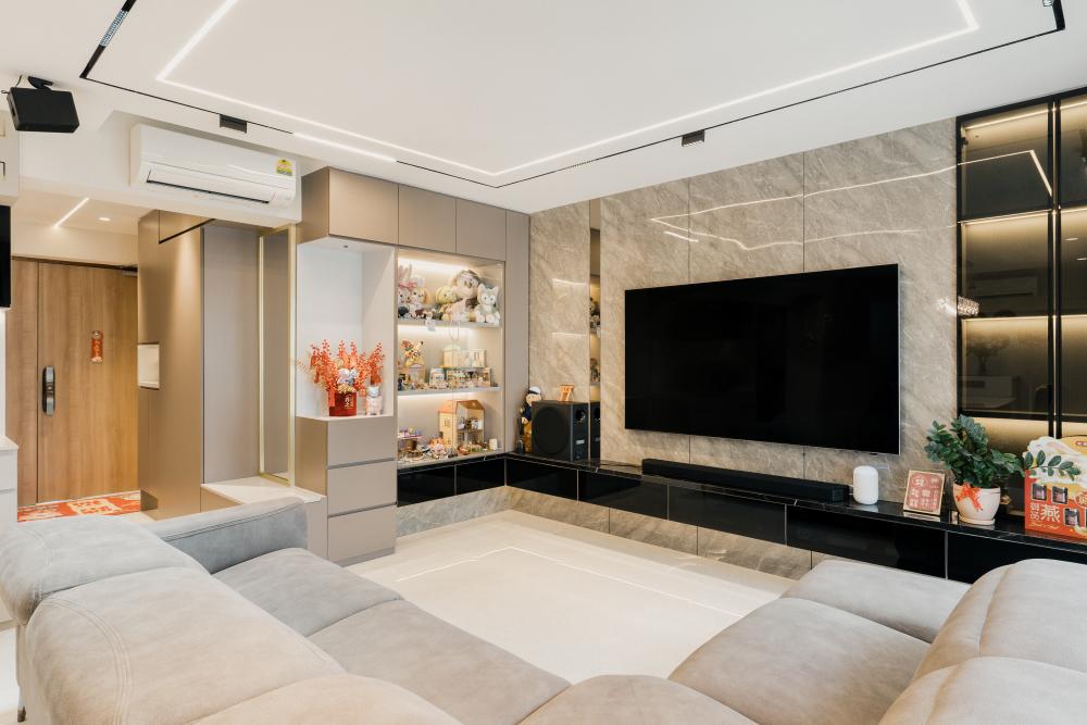 Contemporary Living Room with TV Console and Feature Wall