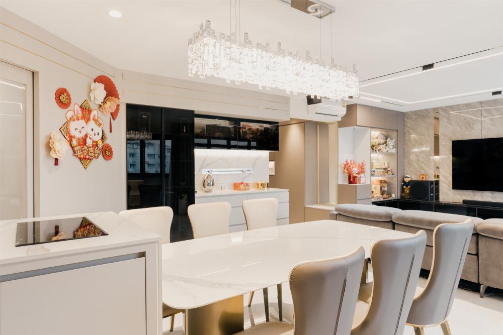 Contemporary Dining Room with Drop Light and Kitchen Island