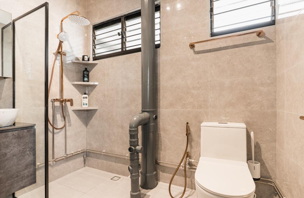 Minimalist Bathroom with Countertop and Homogeneous Tiles